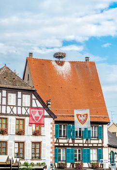 Frame house with storks nest on the roof in Colmar, France