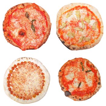 Many types of vegetarian pizzas including Italian pizza margherita isolated over white