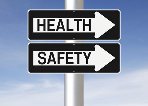 Conceptual one way street signs on a pole indicating Health and Safety