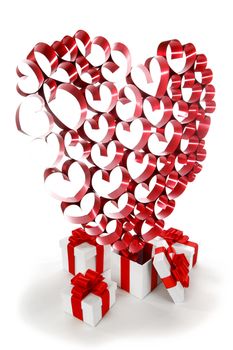 Gifts boxes with red ribbons and hearts, valentines day concept