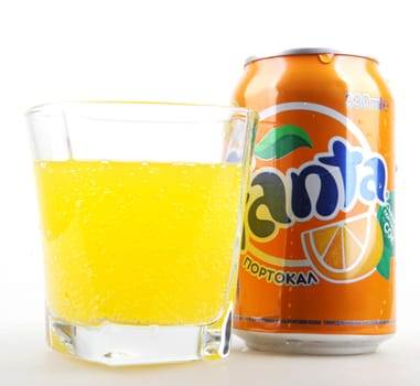 AYTOS, BULGARIA - JANUARY 25, 2014: Fanta bottle can isolated on white background. Fanta is a carbonated soft drink sold in stores, restaurants, and vending machines throughout the world.