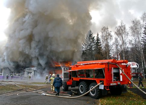 UFA, BASHKORTOSTAN, RUSSIA - NOVEMBER 3: Bistro "Violet smog" burns with black smoke and heavy flames on November 3, 2010 in Ufa, Bashkortostan, Russia.