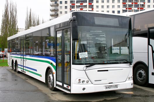 UFA, RUSSIA - MAY 11: City bus NEFAZ 52998 (VDL Transit) exhibited at the annual Motor show Autosalon on May 11, 2011 in Ufa, Bashkortostan, Russia.