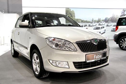 UFA, RUSSIA - MAY 14: Czech motor car Skoda Fabia on display at the annual Motor show "Autosalon" on May 14, 2012 in Ufa, Bashkortostan, Russia.