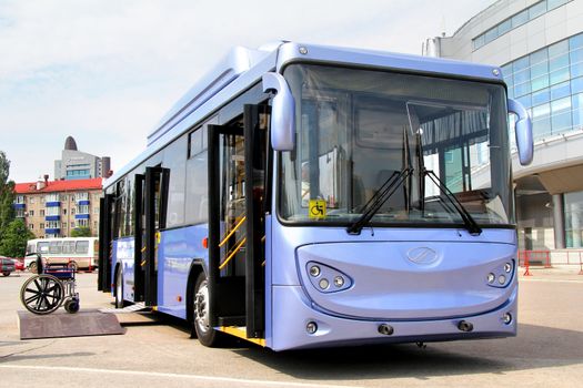 UFA, RUSSIA - MAY 14: Modern russian trolleybus BTZ-52767 on display at the annual Motor show "Autosalon" on May 14, 2012 in Ufa, Bashkortostan, Russia.