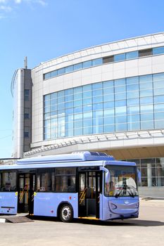 UFA, RUSSIA - MAY 14: Modern russian trolleybus BTZ-52763 on display at the annual Motor show "Autosalon" on May 14, 2012 in Ufa, Bashkortostan, Russia.