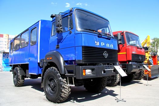 UFA, RUSSIA - MAY 22: Ural-32552-47 off-road bus at the annual International exhibition "Gas. Oil. Technologies" on May 22, 2012 in Ufa, Bashkortostan, Russia.
