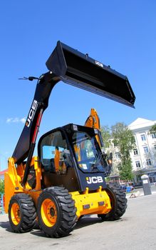 UFA, RUSSIA - MAY 22: JCB skid steer loader presented at the annual International exhibition "Gas. Oil. Technologies" on May 22, 2012 in Ufa, Bashkortostan, Russia.