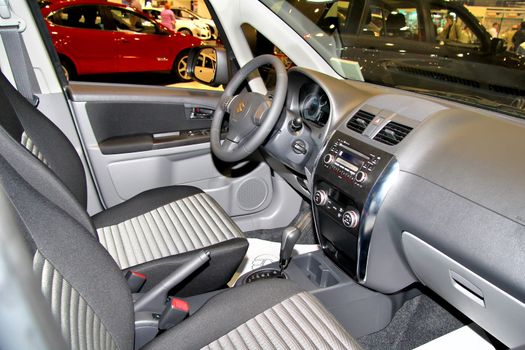 UFA, RUSSIA - MAY 14: Interior of a japanese motor car Suzuki SX4 on display at the annual Motor show "Autosalon" on May 14, 2012 in Ufa, Bashkortostan, Russia.