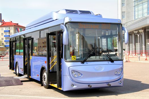 UFA, RUSSIA - MAY 14: Modern russian trolleybus BTZ-52767 on display at the annual Motor show Autosalon on May 14, 2012 in Ufa, Bashkortostan, Russia.