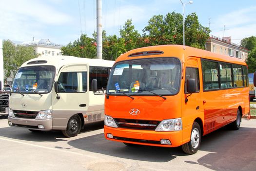 UFA, RUSSIA - MAY 23: Hyundai County buses exhibited at the annual International exhibition Gas. Oil. Technologies on May 23, 2012 in Ufa, Bashkortostan, Russia.