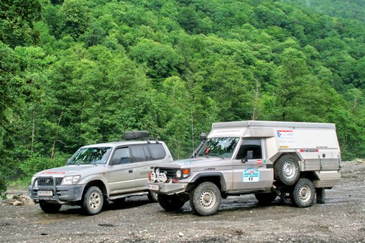 SOCHI, RUSSIA - JULY 20: Toyota Land Cruiser off-road cars take part at the international expedition Germany-Russia (12 July - 08 August 2009) on July 20, 2009 in Sochi, Russia.