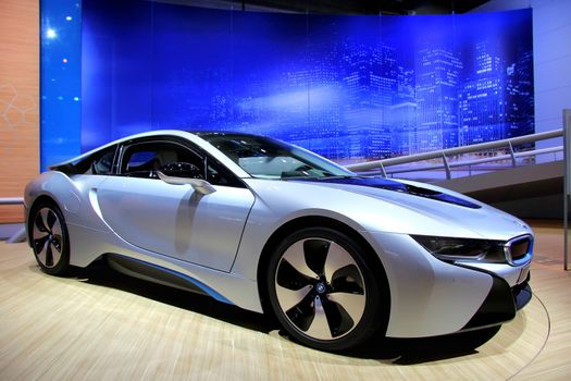 FRANKFURT AM MAIN, GERMANY - SEPTEMBER 14: German electic car BMW i8 exhibited at the annual IAA (Internationale Automobil Ausstellung) on September 14, 2013 in Frankfurt am Main, Germany.