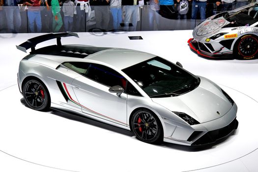 FRANKFURT AM MAIN, GERMANY - SEPTEMBER 15: Superscar Lamborghini Gallardo Squadra Corse exhibited at the IAA (Internationale Automobil Ausstellung) on September 15, 2013 in Frankfurt am Main, Germany.