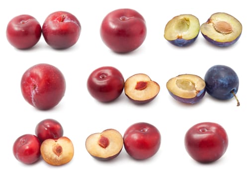 Collection of fresh tasty plums isolated on white background