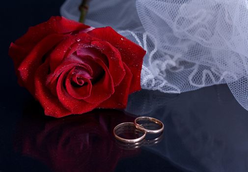 Red rose, veil and wedding rings on a black background