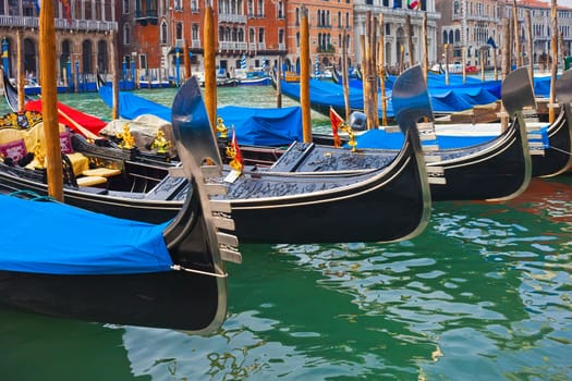 Beautiful view of Famous Venetian gondolas in Venice, Italy