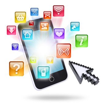 Smartphone and application icons. The concept of telecommunication technologies