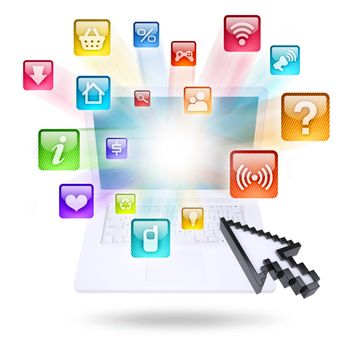 Laptop and application icons. Computer technology concept