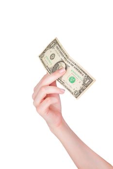 Hand holding one dollar, isolated on white background