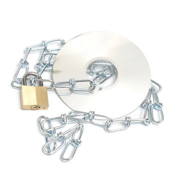 A lock and chain safeguard a data disk from any theft or copyright.