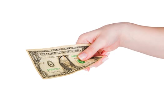 Hand holding one dollar, isolated on white background
