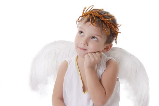 Thoughtful cupid boy with wings and graland isolated on white