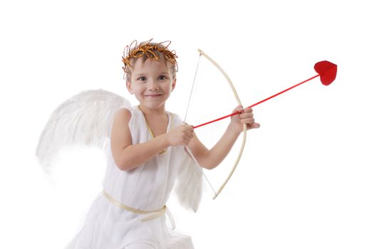 Smiling cupid boy aiming arrow isolated on white