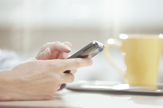 Hands of smartphone user at lunch