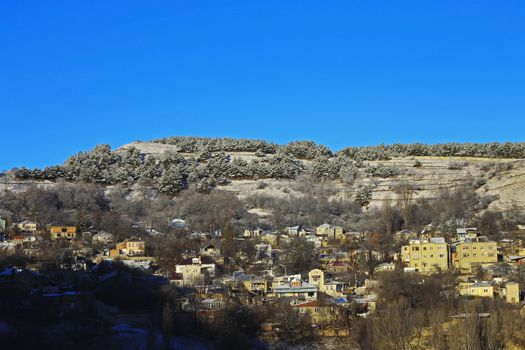 Blue winter sky and caucasus wood on the sunrise