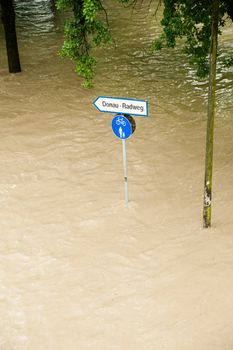 High Water on the Danube River and Sign