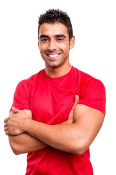 Man with arms crossed over white background