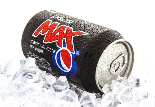 SWINDON, UK - JANUARY 25, 2014: Pepsi Max on a bed of Ice over a white background