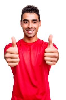 Man showing thumbs up over white background