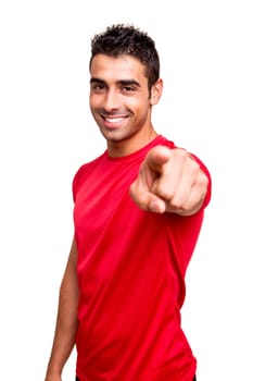 Man pointing front over white background