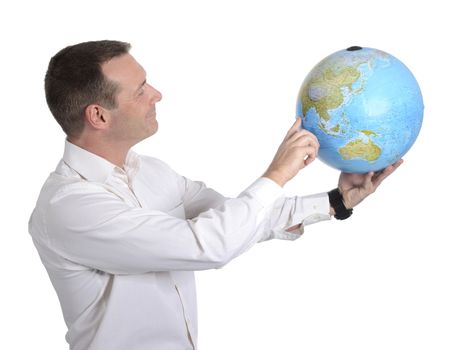smiling man holding globe, white background