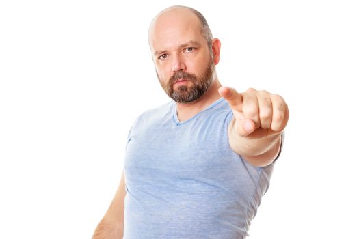 An image of a handsome man with a beard pointing to you