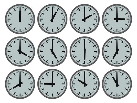 Illustration of 12 clocks showing hourly times