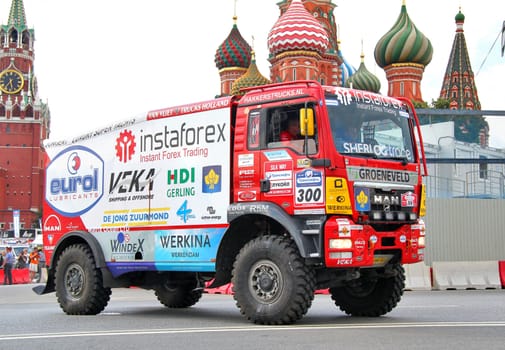 MOSCOW, RUSSIA - JULY 7: Ales Loprais's MAN TGS No. 300 of Instaforex Eurol Veka Team takes part at the annual Silkway Rally - Dakar series on July 7, 2012 in Moscow, Russia.