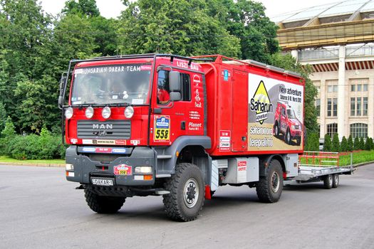 MOSCOW, RUSSIA - JULY 7: Gabor Eros's MAN TGA 18.480 No. 558 of Hungarian Dakar Team takes part at the annual Silkway Rally - Dakar series on July 7, 2012 in Moscow, Russia.