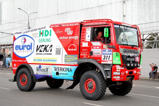 MOSCOW, RUSSIA - JULY 7: Peter Versluis's MAN TGS No. 311 of Eurol Veka MAN Rally Team takes part at the annual Silkway Rally - Dakar series on July 7, 2012 in Moscow, Russia.