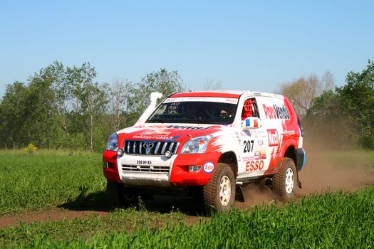 TATARSTAN, RUSSIA - JUNE 15: Ronan Chabot's Toyota Land Cruiser Prado 120 competes at the rally Transorientale 2008 on June 15, 2008 near town of Naberezhnye Chelny, Tatarstan, Russia.