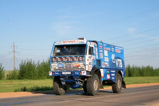 TATARSTAN, RUSSIA - JUNE 15: Firdaus Kabirov's KamAZ-4326-9 of Team KAMAZ Master competes at the Rally Transorientale 2008 on June 15, 2008 near town of Naberezhnye Chelny, Tatarstan, Russia.