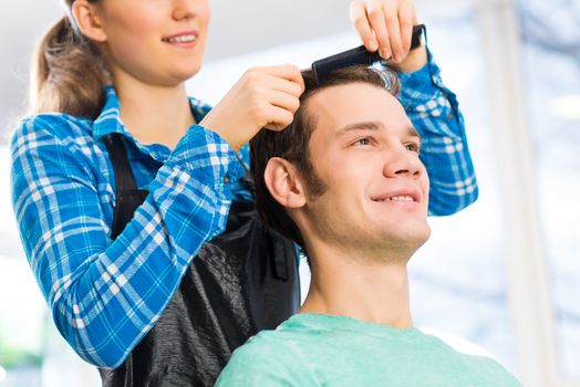 young attractive woman hairdresser hairstyle customer picks