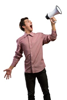 man shouts through a megaphone. isolated on white background