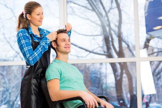 young attractive woman hairdresser hairstyle customer picks