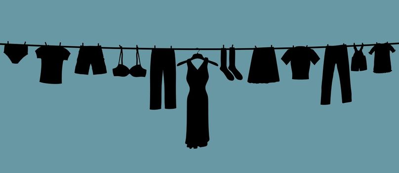 Illustration of a long clothes line containing many clothes types