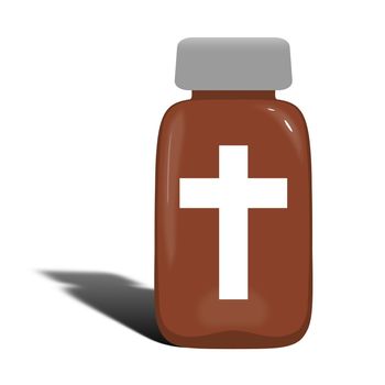 Illustration of a pill bottle with a Christian symbol