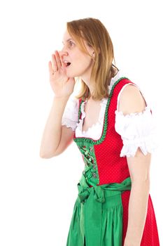 Bavarian woman in red dirndl is yodelling