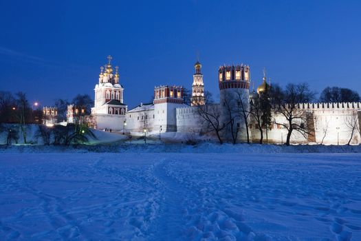 Beautiful view of Novodevichy Convent at night, Moscow, Russia